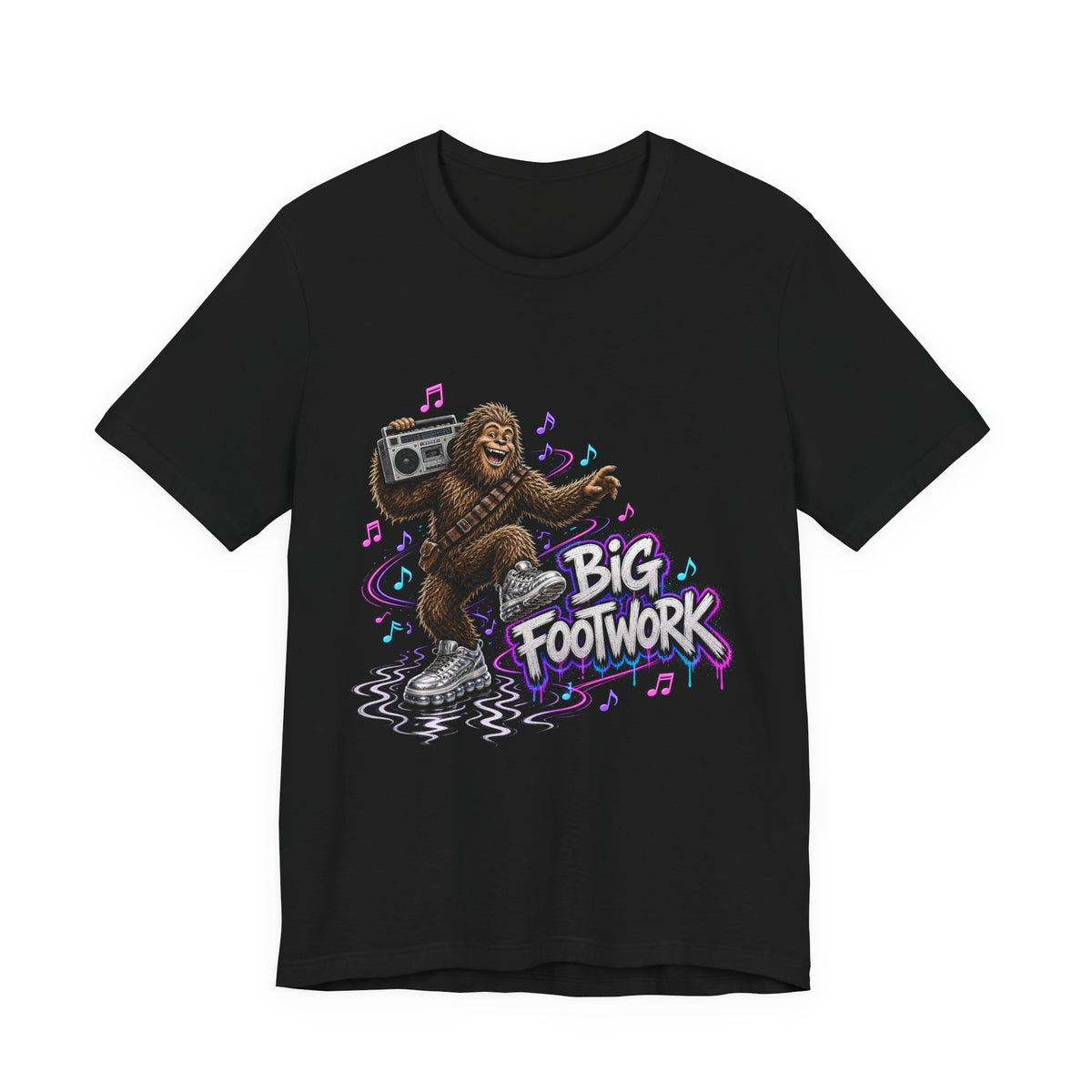 Black crewneck graphic T-shirt with Big Footwork dance design