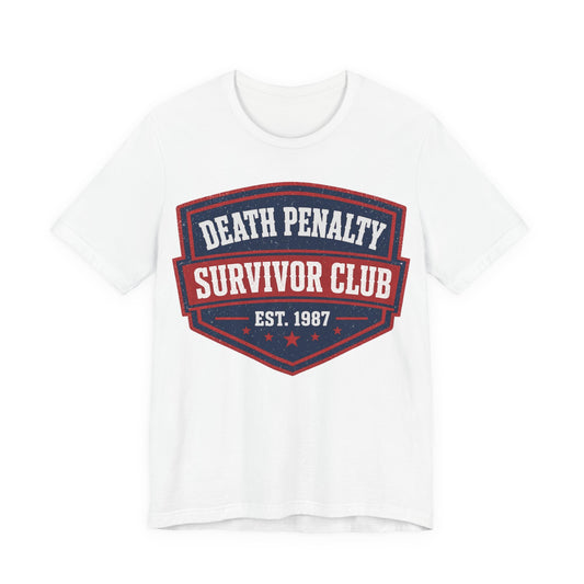 White crewneck T-shirt with red and navy 'Death Penalty Survivor Club' graphic