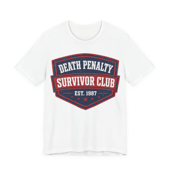 White crewneck T-shirt with red and navy 'Death Penalty Survivor Club' graphic
