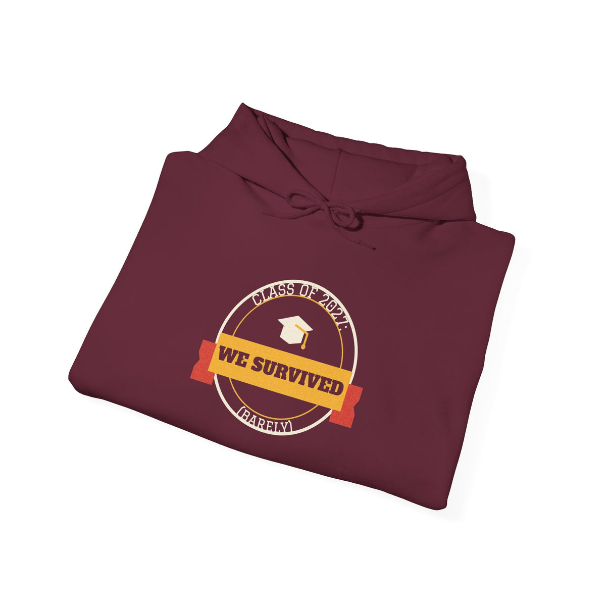 Maroon pullover hoodie with hood and class graphic on chest