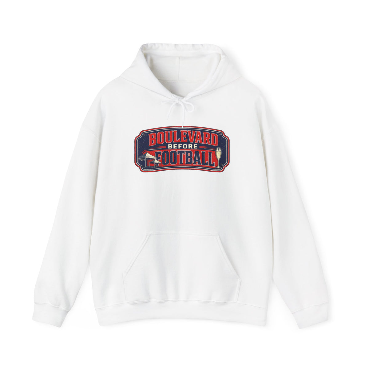 White Boulevard football logo hoodie with front pouch pocket and drawstring hood