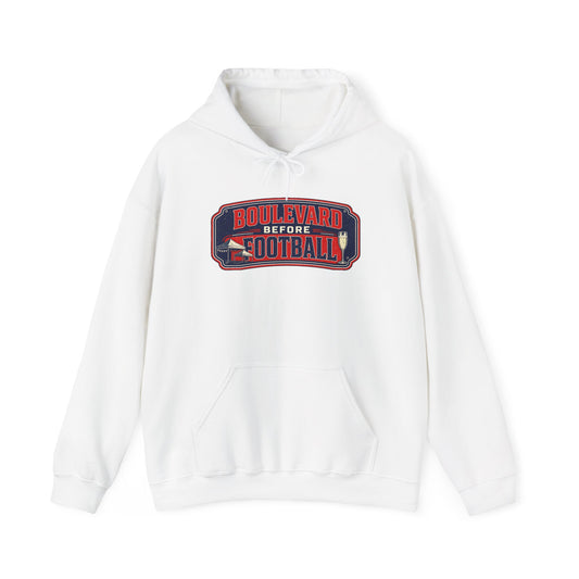 White Boulevard football logo hoodie with front pouch pocket and drawstring hood