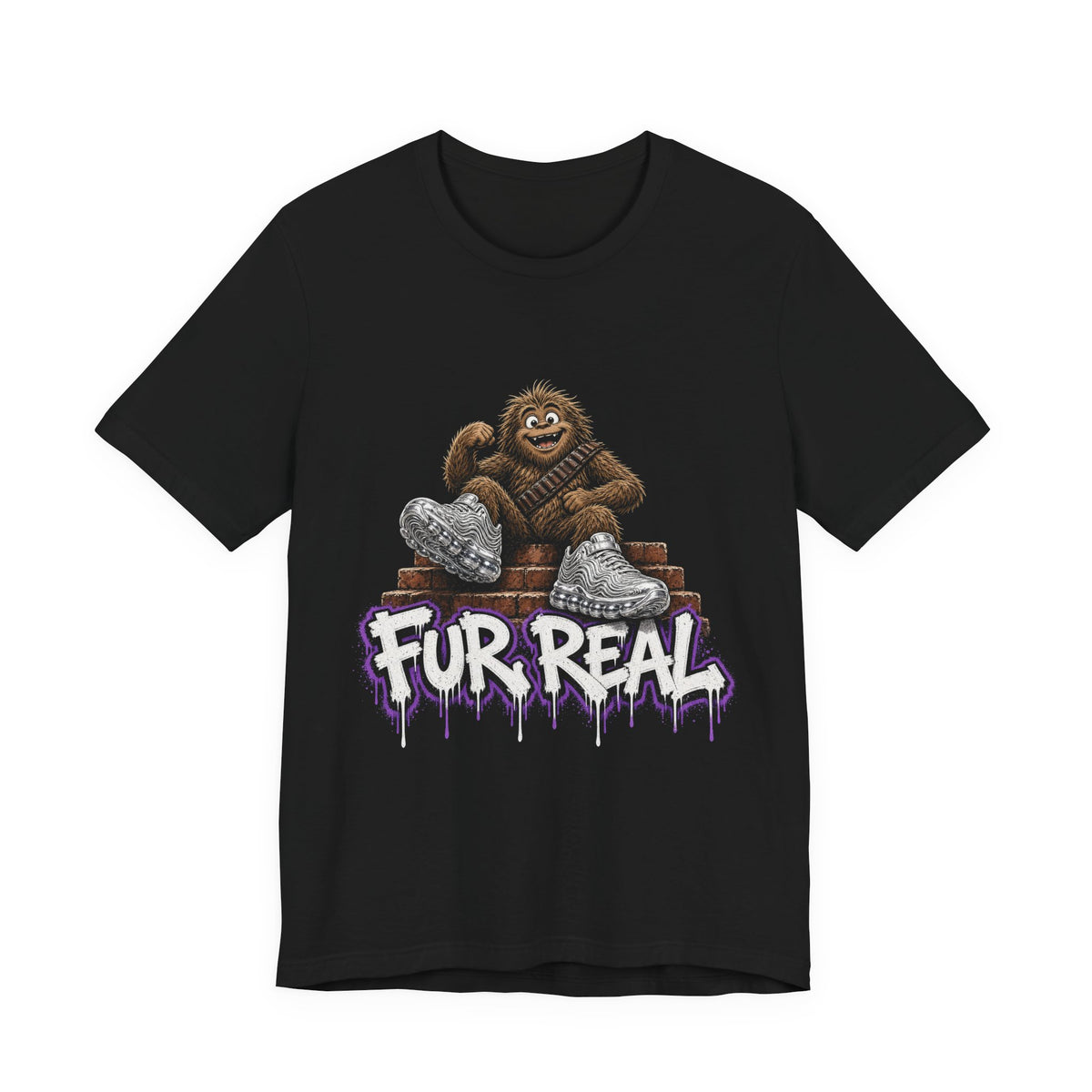 Black crewneck t-shirt with cartoon ape holding heart graphics and purple drips