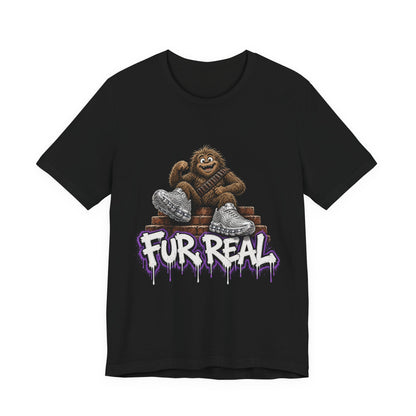 Black crewneck t-shirt with cartoon ape holding heart graphics and purple drips