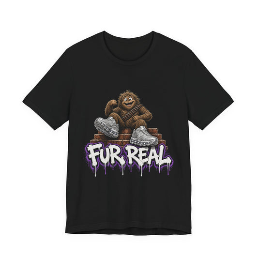 Black crewneck t-shirt with cartoon ape holding heart graphics and purple drips