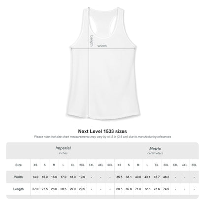 White racerback tank top with scoop neck and cutout back; no visible front print