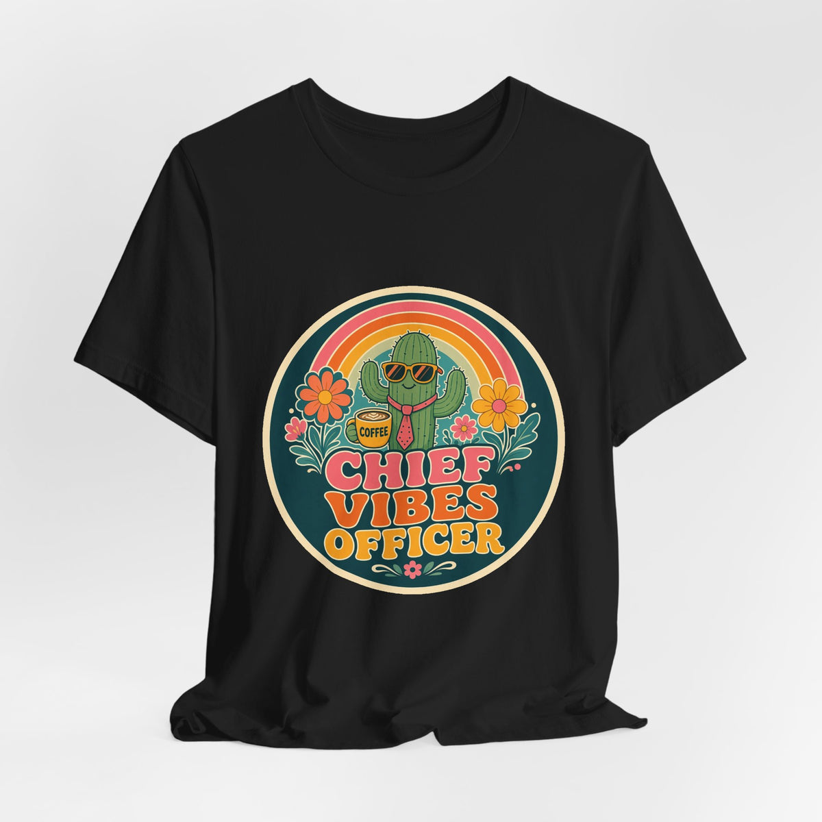 Black crew-neck T-shirt with large round “Chief Vibes Officer” coffee cactus logo