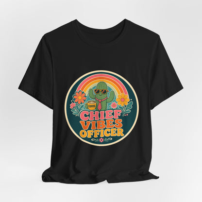 Black crew-neck T-shirt with large round “Chief Vibes Officer” coffee cactus logo