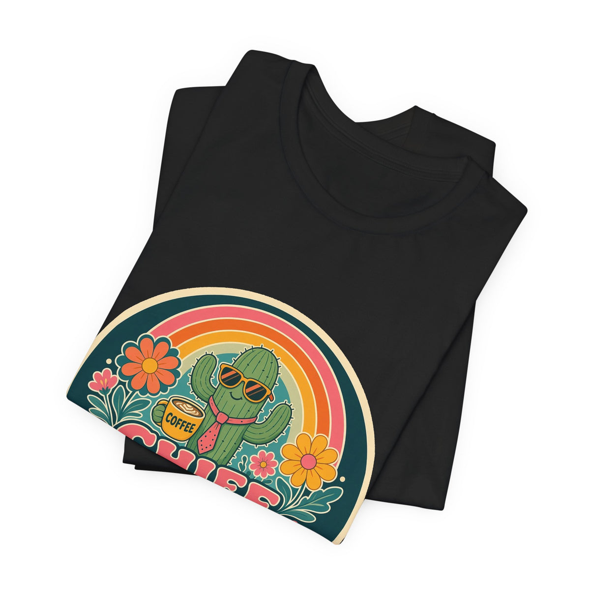 Black crew-neck T-shirt with foldover close-up of round “Chief Vibes Officer” graphic