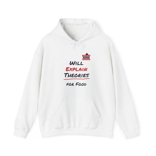 White pullover hoodie with front pocket, drawstring hood, and colorful “Will Explain Theories” graphic