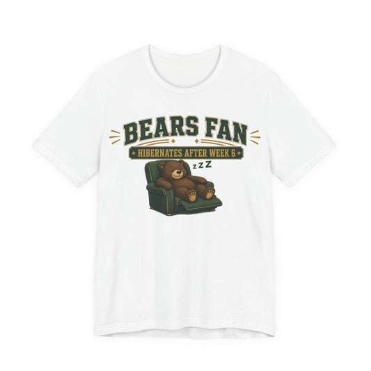White crewneck T-shirt with Bears Fan graphic and sleeping bear illustration
