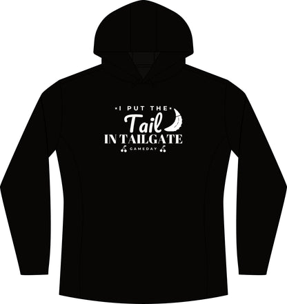 Women's black heather hoodie with front logo graphic and drawstring hood