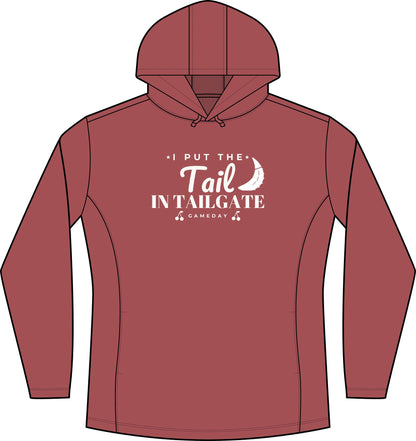 Women's deep red heather hoodie with front logo graphic and drawstring hood