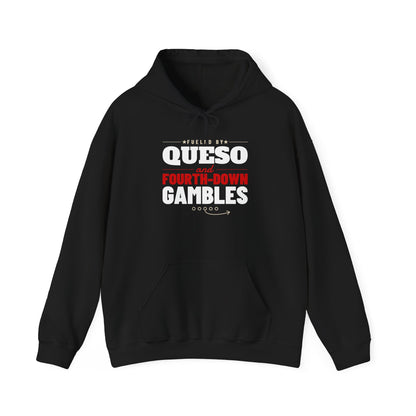 Black pullover hoodie with kangaroo pocket, drawstring, and football-themed chest print.