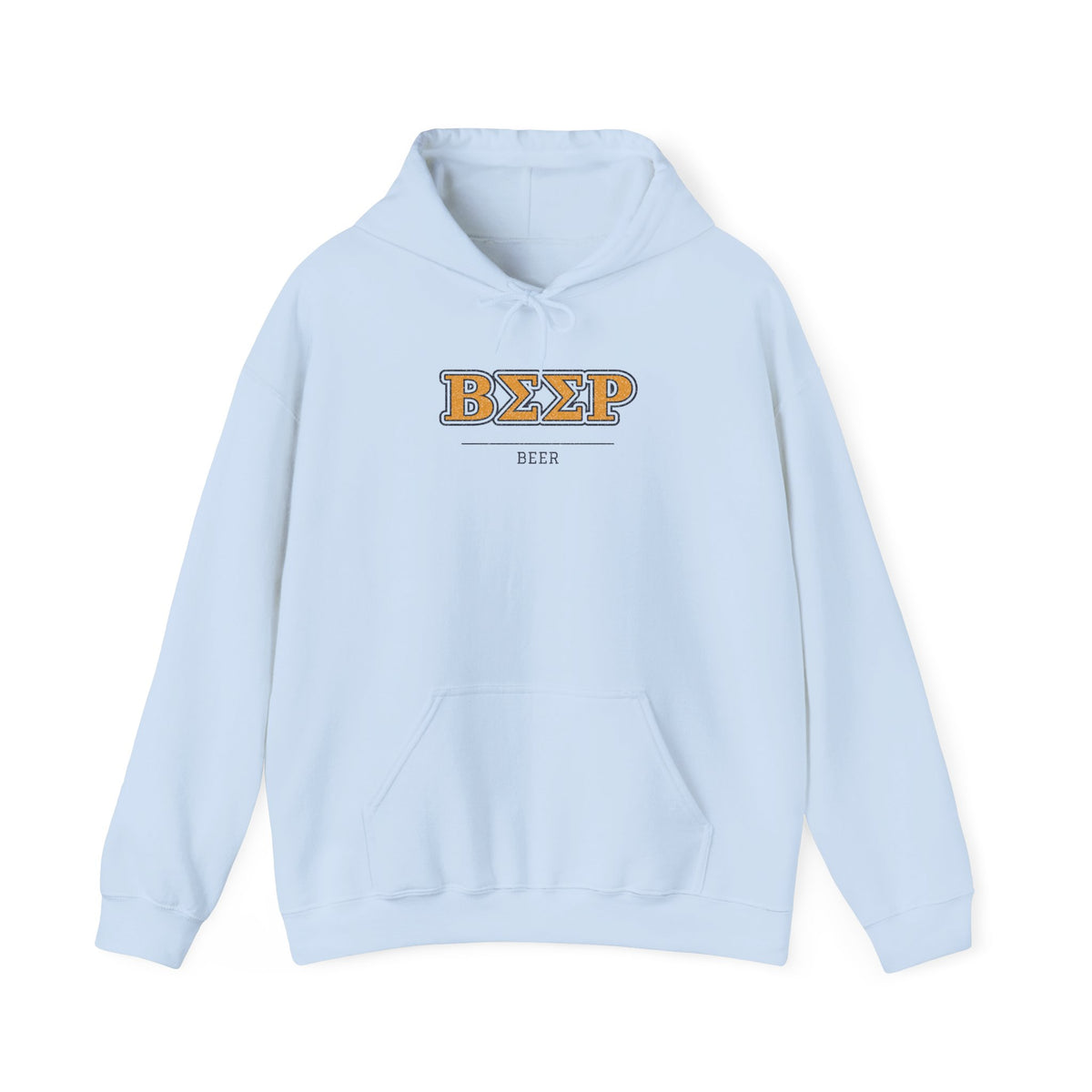 Light blue hoodie with ΒΣΣΡ beer graphic and kangaroo pocket