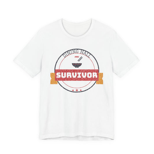 White crewneck T-shirt with circular "Dining Hall" "SURVIVOR" graphic front print