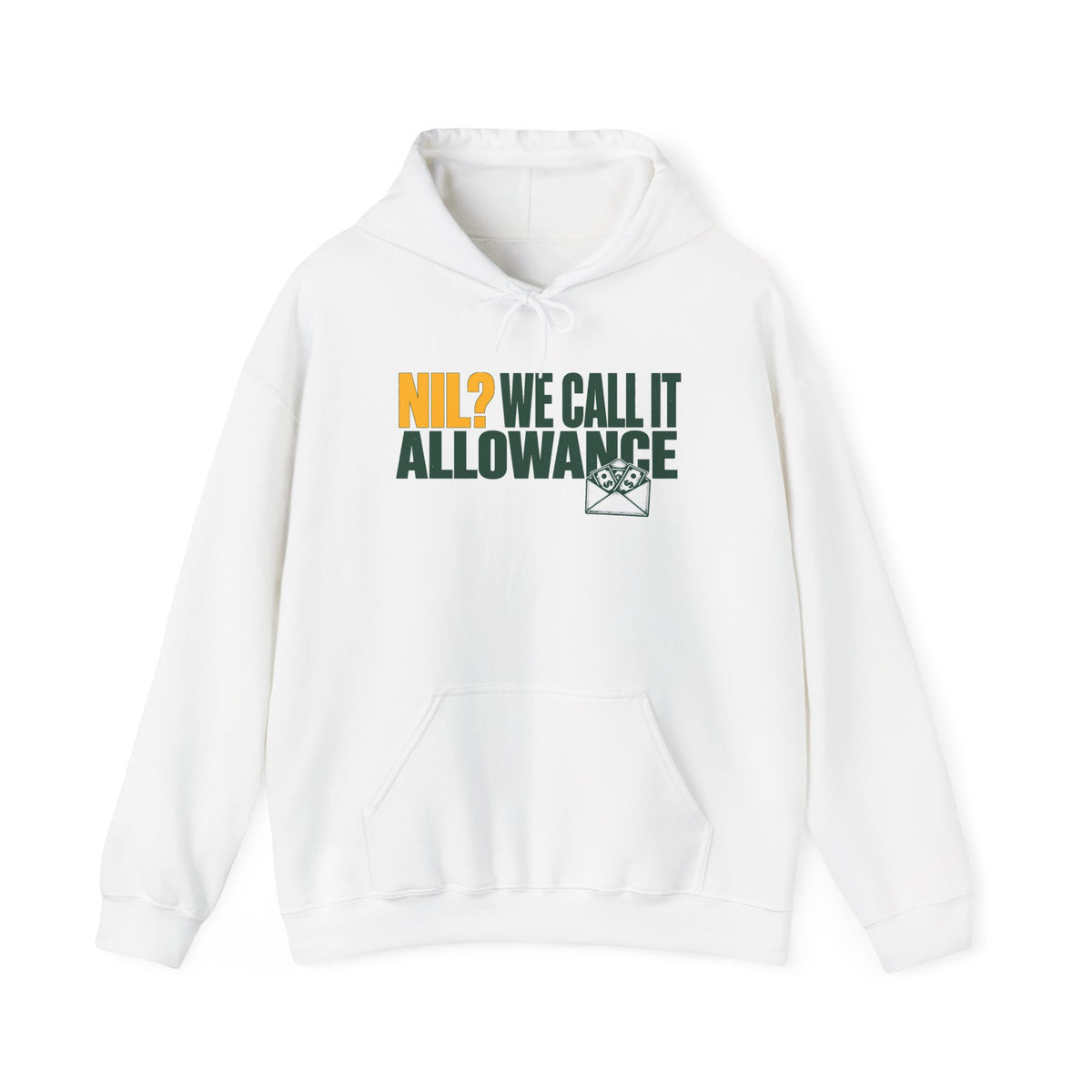 White pullover hoodie with front pocket, hood drawstrings, and NIL graphic print