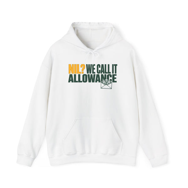 White pullover hoodie with front pocket, hood drawstrings, and NIL graphic print