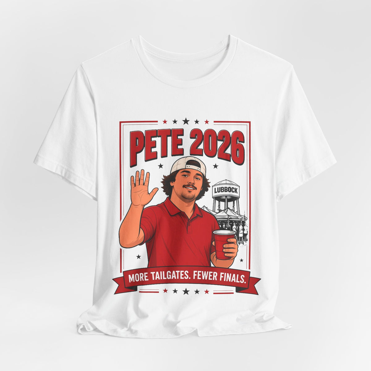 White crewneck tee with centered “Pete 2026” front graphic, red banner text.