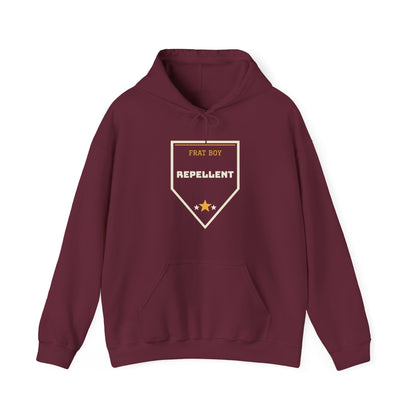 Maroon pullover hoodie with hood and front graphic badge, kangaroo pocket