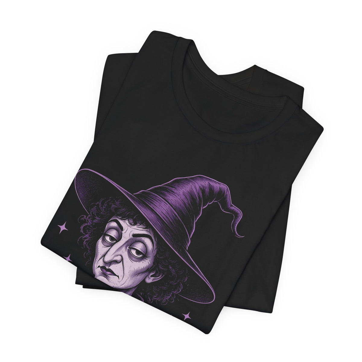 Black crewneck T-shirt, folded stack, purple witch face hat graphic