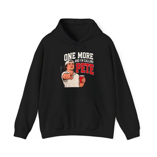 Black pullover hoodie with front pocket, drawstring hood, and large 'ONE MORE' graphic