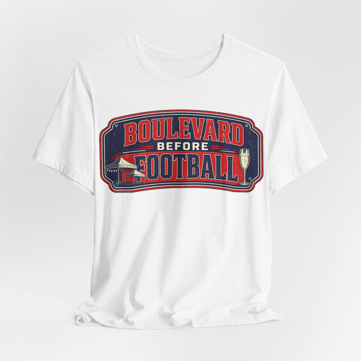 White crew-neck T-shirt with chest 'Boulevard before Football' emblem