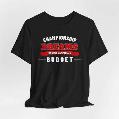 Black graphic T-shirt with football-helmet 'Championship Dreams' and 'Budget' text