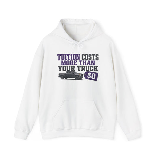 White pullover hoodie with front pocket and drawstring hood, purple tuition graphic