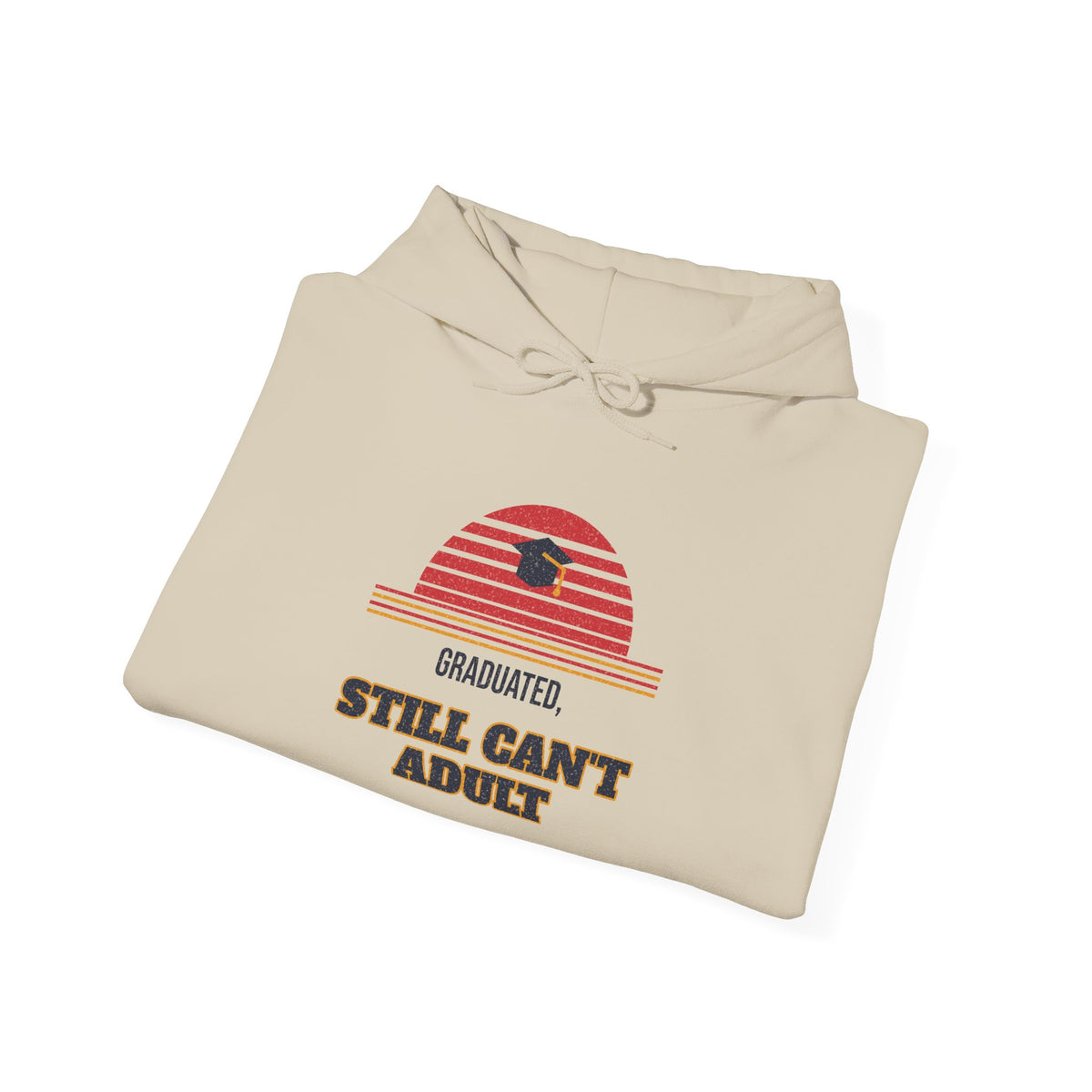 Sand/beige hoodie with graduation cap graphic and colorful text on the front