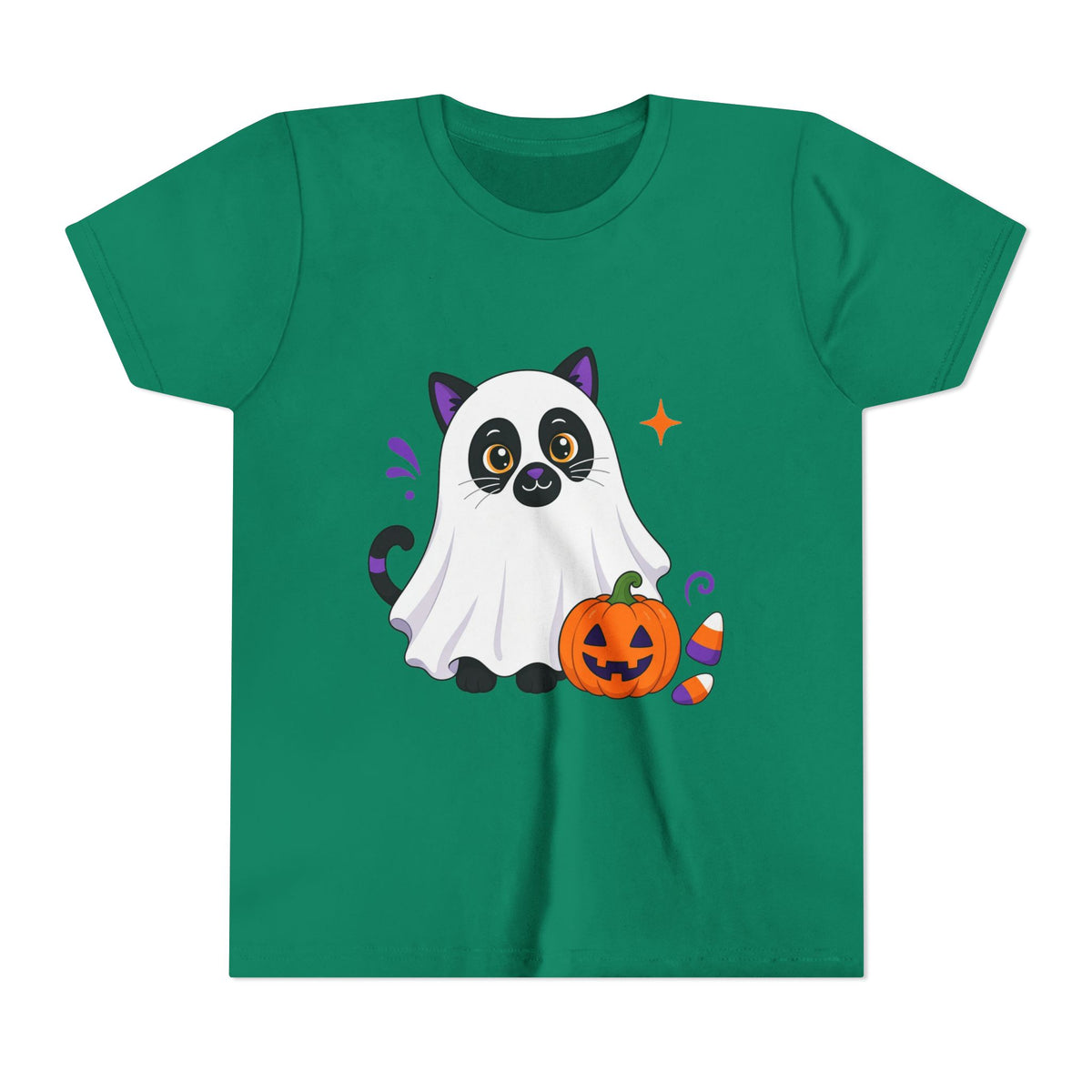 Kids green Halloween graphic tee with ghost cat holding a jack-o'-lantern pumpkin