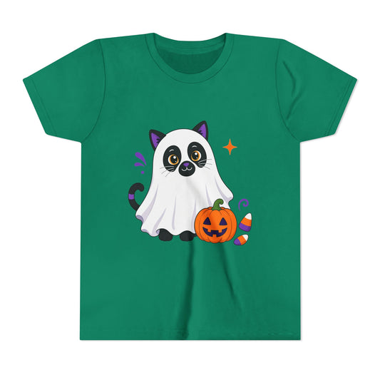 Kids green Halloween graphic tee with ghost cat holding a jack-o'-lantern pumpkin