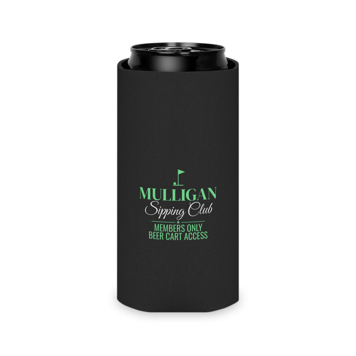 Black insulated koozie around a can with green logo and Members only text.