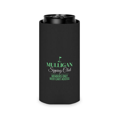 Black insulated koozie around a can with green logo and Members only text.
