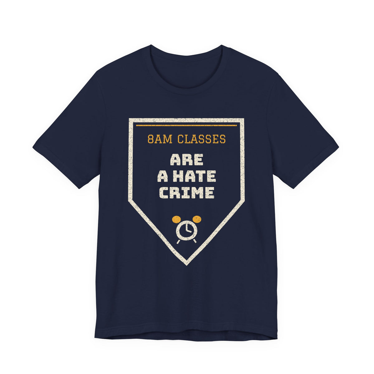 Navy graphic T-shirt with '8AM CLASSES' hate crime emblem