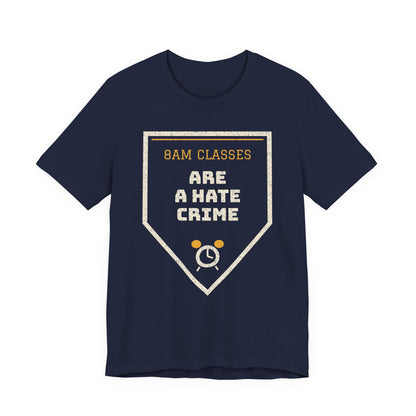Navy graphic T-shirt with '8AM CLASSES' hate crime emblem