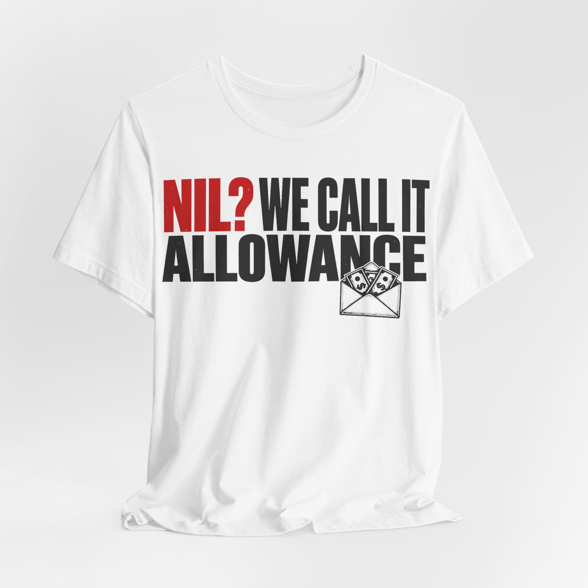 White crewneck short-sleeve graphic tee with NIL Allowance text and envelope icon