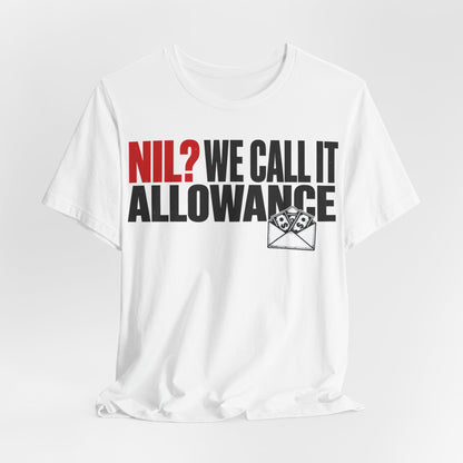 White crewneck short-sleeve graphic tee with NIL Allowance text and envelope icon