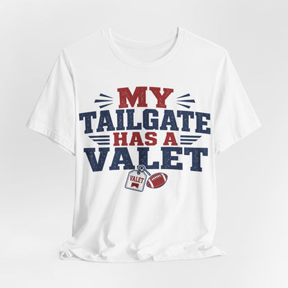 White crewneck graphic tee featuring 'My Tailgate Has a Valet' emblem.