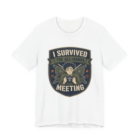 White crewneck T-shirt with colorful “I Survived” meeting shield graphic
