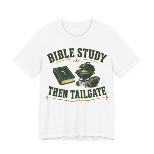 White graphic Bible study and tailgate T-shirt with green book, grill, and football