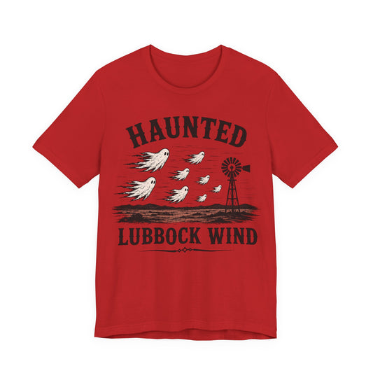 Red graphic wind tee with Haunted Lubbock Wind text, birds and windmill print