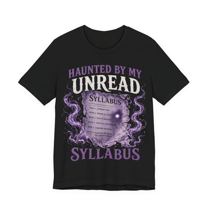 Black crewneck T-shirt with purple 'Haunted by my Unread' syllabus graphic