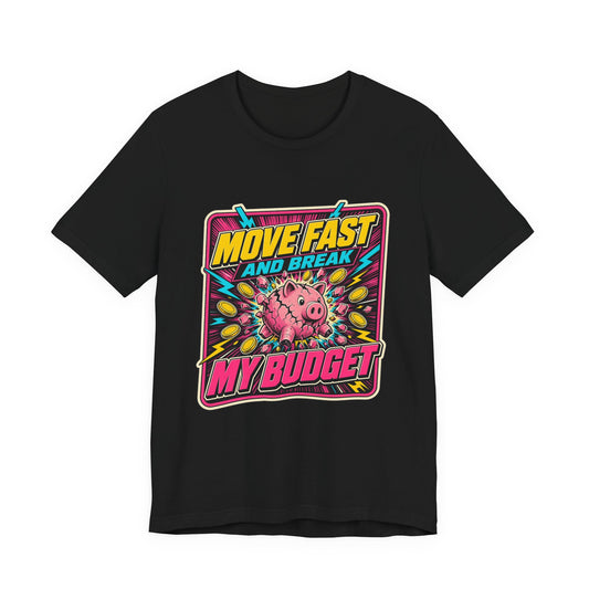 Black T-shirt with front cartoon graphic and colorful “Move Fast and Break” text
