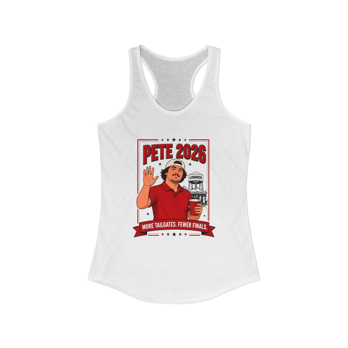 White racerback tank top with front logo print featuring "Pete 2026"