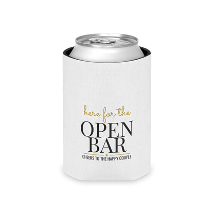White can koozie with metal can top; “here for the OPEN BAR” front print