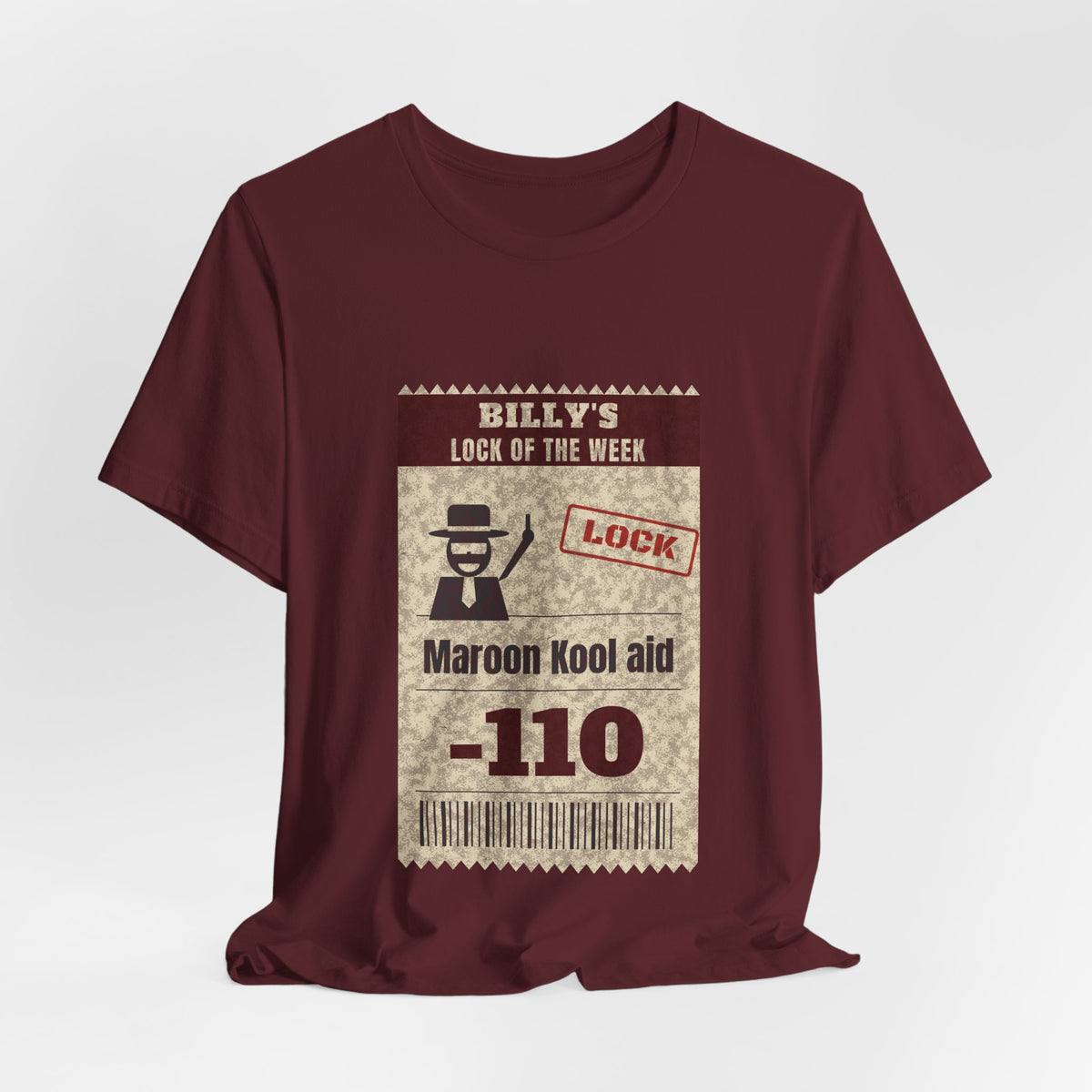 Maroon crewneck graphic T-shirt with 'Maroon Kool aid' text and '110' barcode