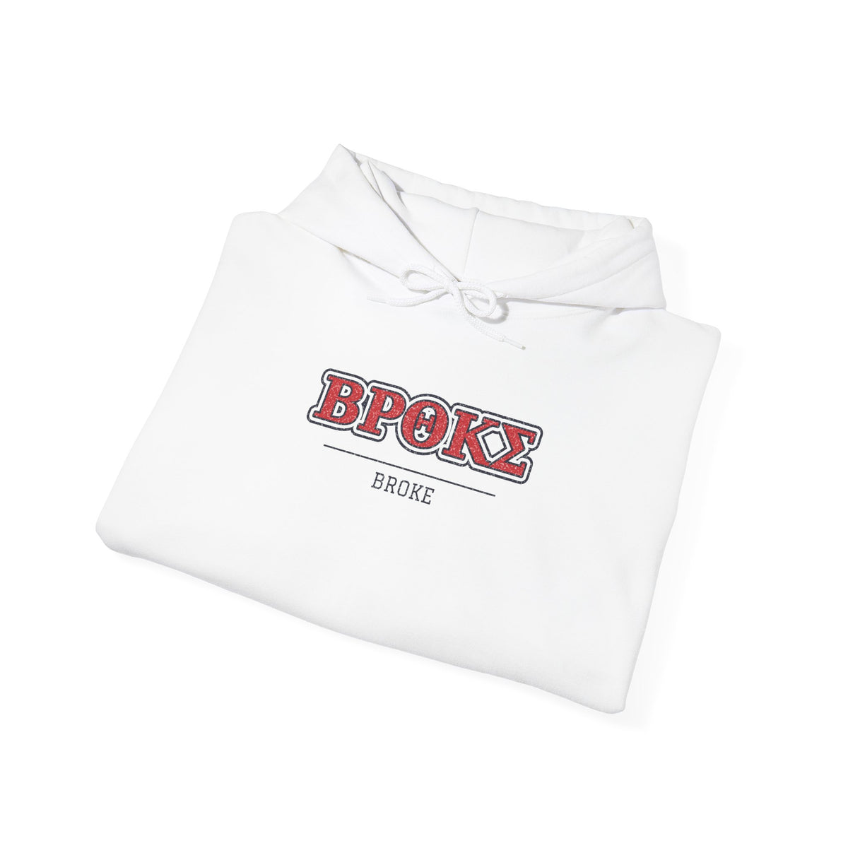White pullover hoodie with hood and drawstring, 'BPOKE' front graphic