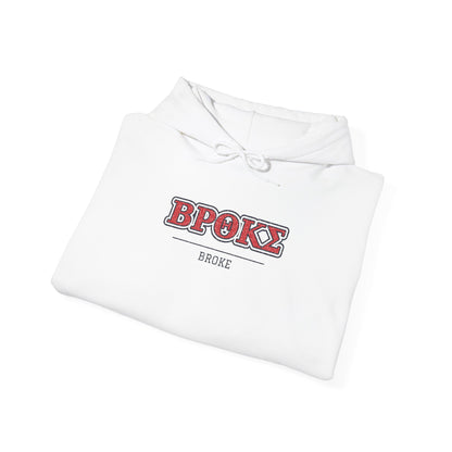 White pullover hoodie with hood and drawstring, 'BPOKE' front graphic