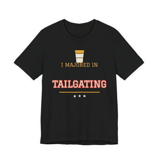 Black graphic T-shirt with “I majored in Tailgating” print
